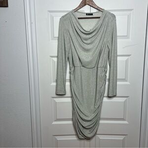 Pretty Garden Silver Shimmer Ruched Midi Dress XL Long Sleeve Cocktail Party